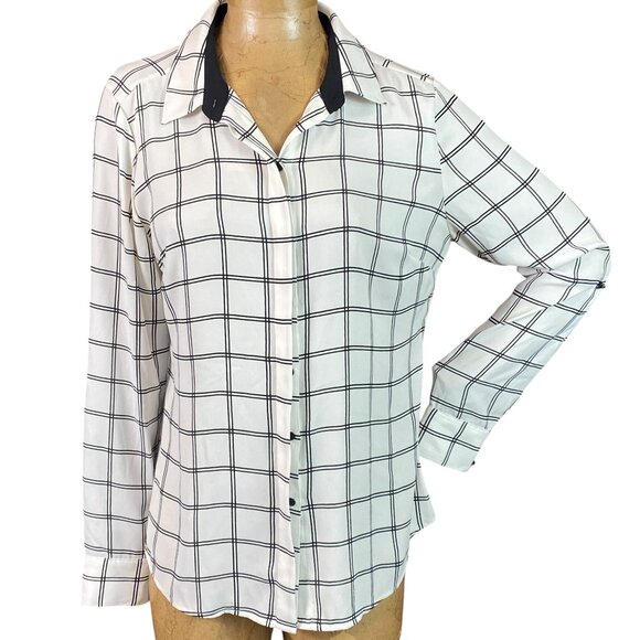 WHBM Long Sleeve White with Black Windowpane Shirt Size 12 #268J - Picture 5 of 9